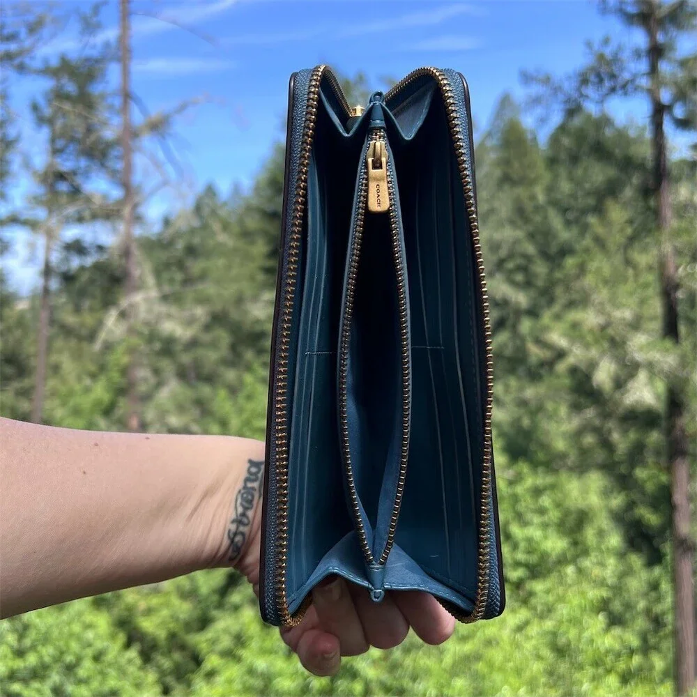 COACH Long Zip-Around Wallet Blue Smooth Leather with Brassy Gold Logo Hardware